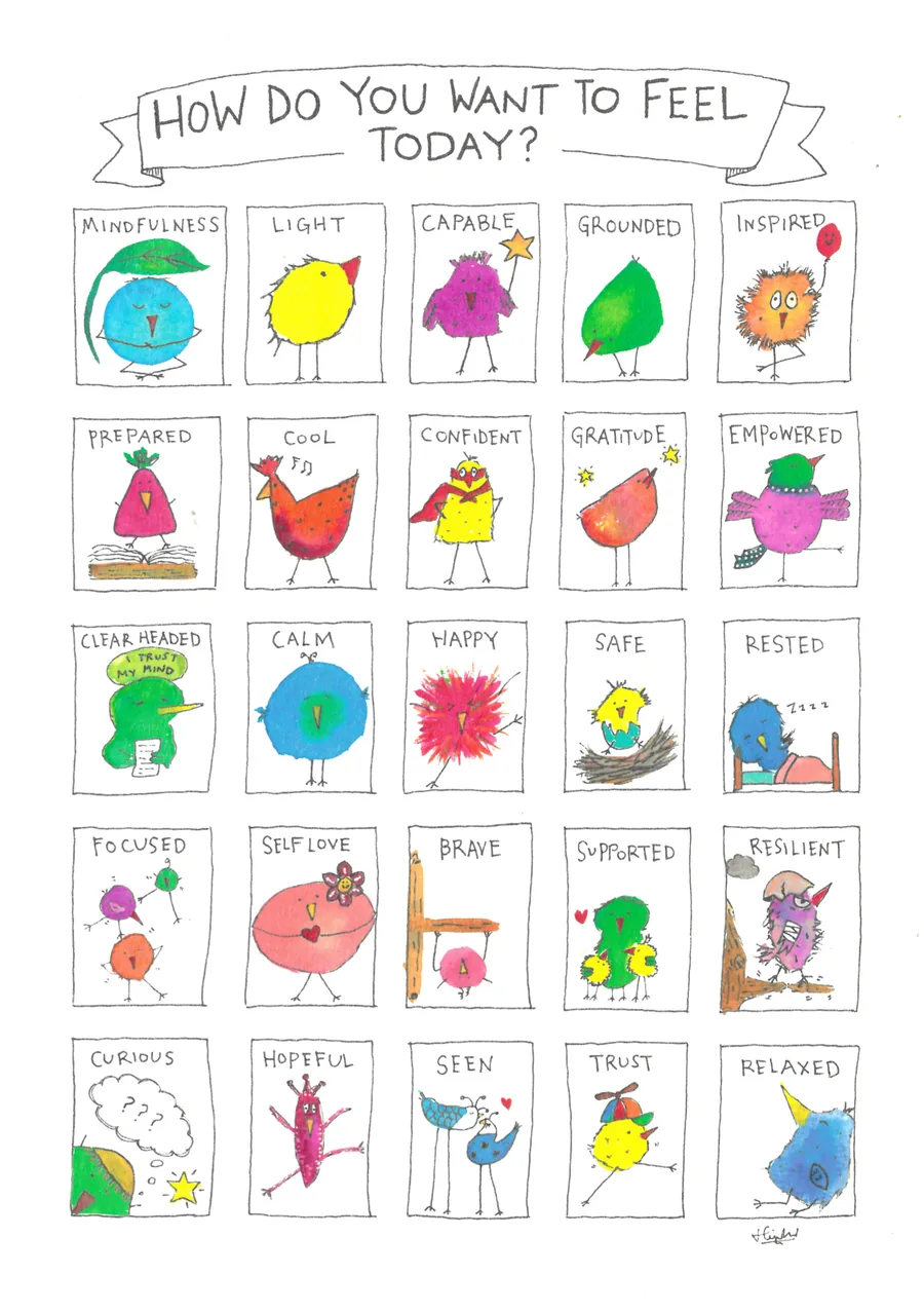 The Emotions Chart — twenty-five small watercolour birds in a ruled grid, under a hand-lettered banner reading “How do you want to feel today?”