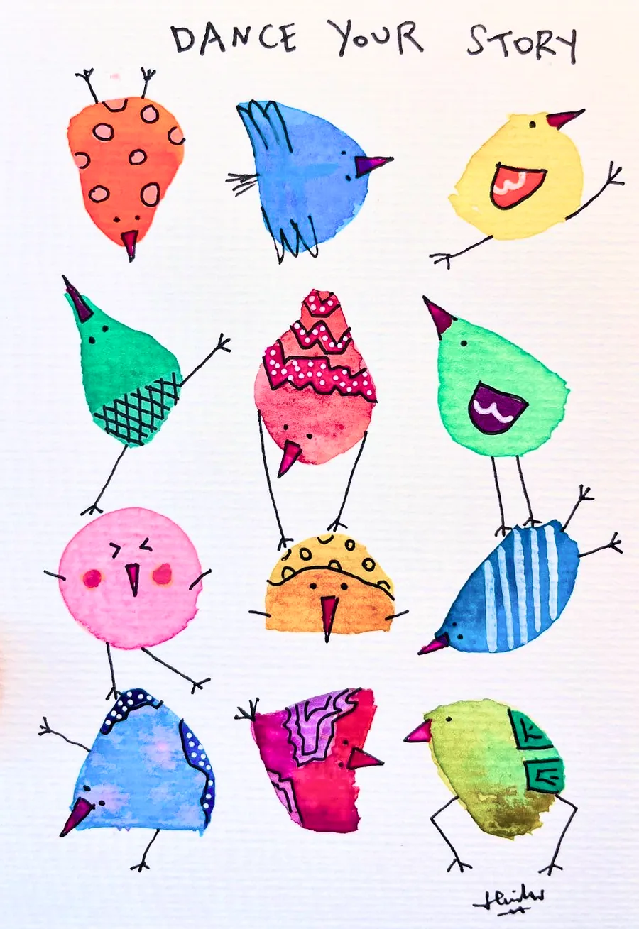 A scattering of small patterned birds, lettered “Dance your story”