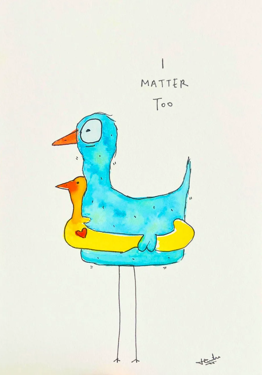 A pale blue bird in a yellow rubber ring, lettered “I matter too”