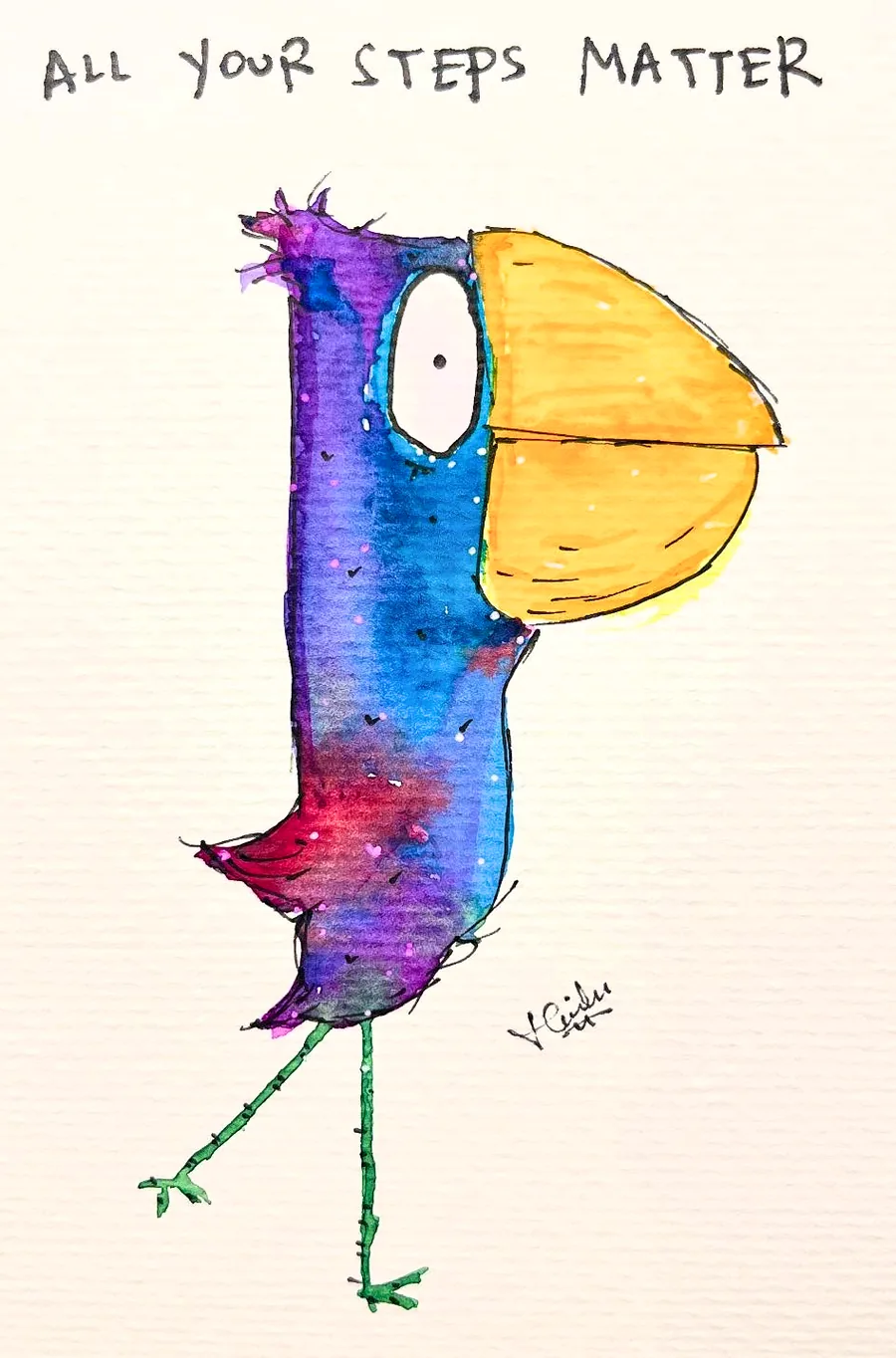 A purple and yellow bird mid-stride, lettered “All your steps matter”