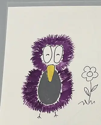 A purple fluffy watercolour bird beside a small drawn flower