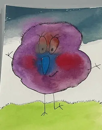 A round magenta watercolour bird standing on a green field under a blue sky