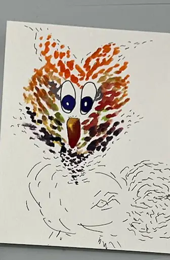 A watercolour bird whose feathers are painted as orange and black flecks