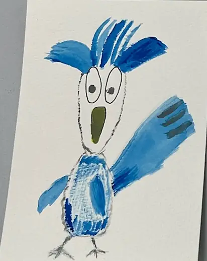 A blue watercolour bird with a swept-up crest and a fork-shaped wing