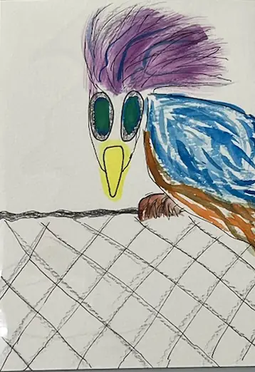 A watercolour bird with a purple crest perched on a drawn wire fence