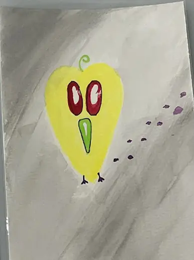 A pale yellow watercolour bird shaped like a pepper, on a grey wash