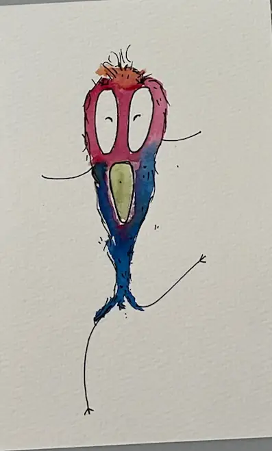 A tall red and blue watercolour bird with long thin legs