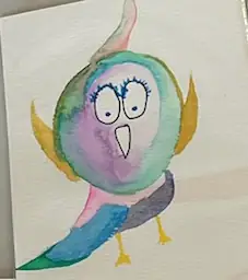 A round green and teal watercolour bird with wide eyes