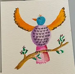 A purple watercolour bird in flight with orange wings, above a branch