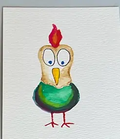 A green watercolour bird with a red comb, like a small rooster