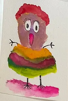 A watercolour bird with a rainbow-striped body and a pink tail