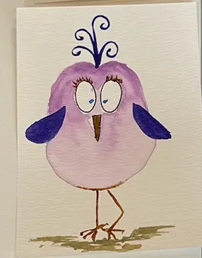 A lilac watercolour bird with two curled feathers on its head
