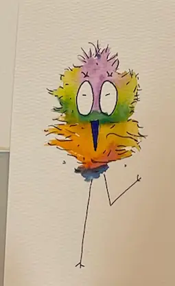 A spiky pink and green watercolour bird with very long legs